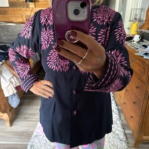 Gretchen Scott Navy & Pink Floral Embroidered Womens Linen Blazer. Size Large.